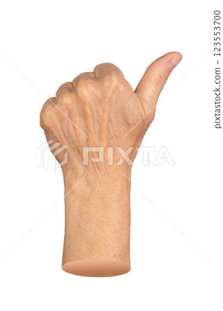 Elderly hand making a thumbs up gesture, symbolizing approval, success, and encouragement. Wrinkled 123553700