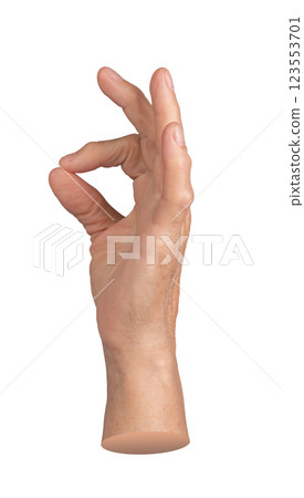 Elderly hand making OK gesture with thumb and index finger forming a circle, resembling a pinching Elderly hand making OK gesture with thumb and index finger forming a circle, resembling a pinching 123553701