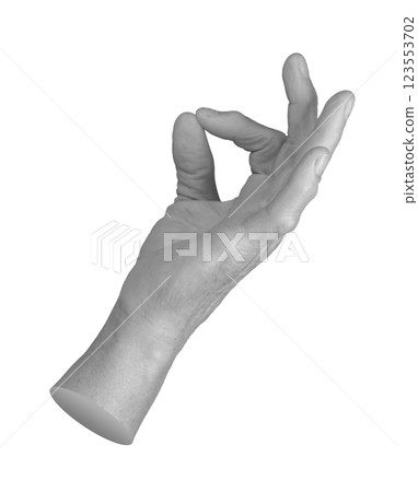Elderly hand making OK gesture with thumb and index finger forming a circle. Wrinkled, aged fingers 123553702