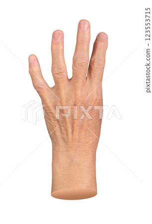 Elderly hand showing four extended fingers in an expressive gesture. Aged skin with visible veins 123553715
