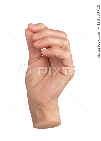 Elderly hand with fingers gently curled, as if grasping something unseen. Wrinkled, aged skin with 123553719