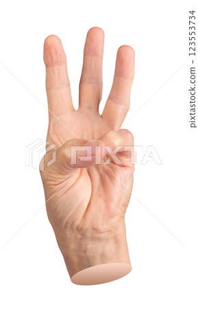 Elderly woman showing three with hand gesture. Aged, wrinkled fingers raised in open position, Elderly woman showing three with hand gesture. Aged, wrinkled fingers raised in open position, 123553734