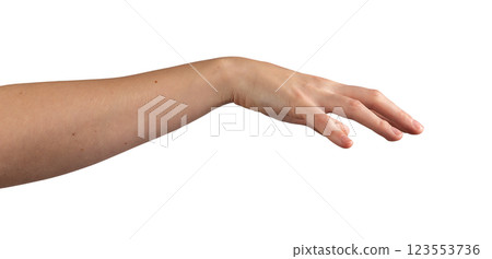Hand gesture in motion, reaching forward, fingers delicately hovering, interacting with something 123553736