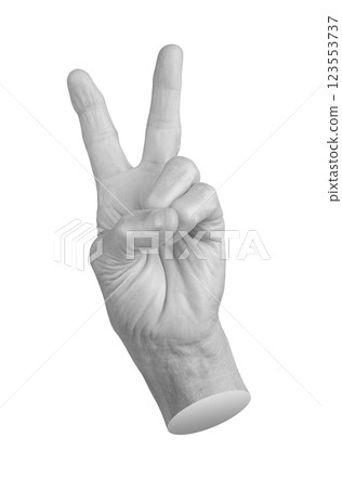 Hand gesture showing victory or peace sign. Wrinkled, aged fingers making V symbol, expressing Hand gesture showing victory or peace sign. Wrinkled, aged fingers making V symbol, expressing 123553737