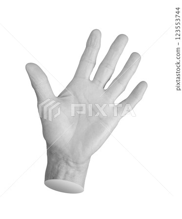 Hello, waving hand sign. Senior woman, aged, with wrinkled skin and fingers in a goodbye pose. 123553744