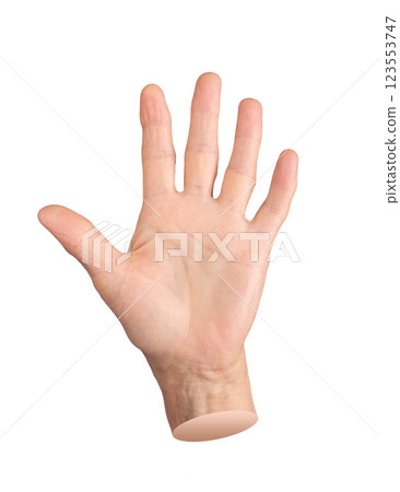 Waving hello, elderly woman in goodbye gesture. Aged, wrinkled hands with open palm and fingers in 123553747