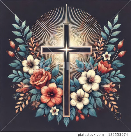 Intricate illustration of a black cross with gold trim, surrounded by pink and blue flowers and lush foliage. Symbolizing peace, beauty, and hope. 123553974