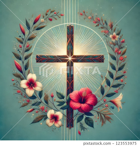 Digital painting of a golden cross adorned with white roses and intricate carvings, surrounded by gold and purple leaves. Symbolic of faith and hope 123553975