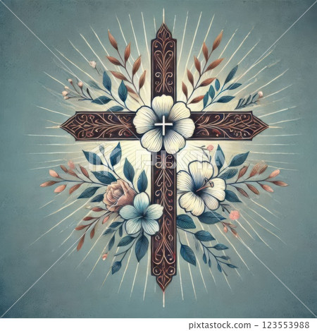 Digital painting of a golden cross adorned with white roses and intricate carvings, surrounded by gold and purple leaves. Symbolic of faith and hope 123553988