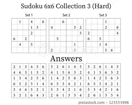 Sudoku Puzzle 6x6 Collection 3 Hard with Answers, Fun Brain Training Game for Kids, Teens and Adults, Vector Sudoku Puzzle 6x6 Collection 3 Hard with Answers, Fun Brain Training Game for Kids, Teens and Adults, Vector 123553996