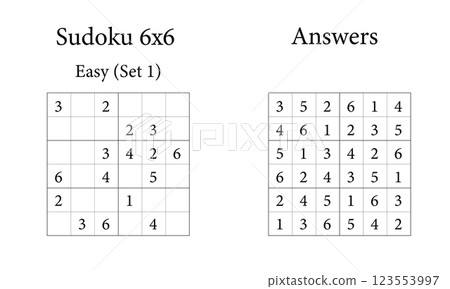 Sudoku Puzzle 6x6 Easy Set 1 with Answers, Fun Brain Training Game for Kids, Teens and Adults, Vector 123553997