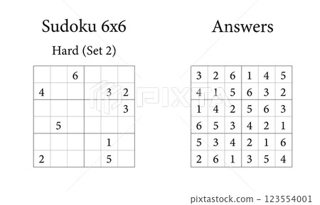 Sudoku Puzzle 6x6 Hard Set 2 with Answers, Fun Brain Training Game for Kids, Teens and Adults, Vector Sudoku Puzzle 6x6 Hard Set 2 with Answers, Fun Brain Training Game for Kids, Teens and Adults, Vector 123554001