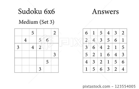 Sudoku Puzzle 6x6 Medium Set 3 with Answers, Fun Brain Training Game for Kids, Teens and Adults, Vector 123554005
