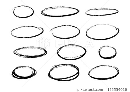 Crayon highlight set of black oval frames with distressed texture. Hand drawn shapes of raw brush strokes and irregular circular outlines on white background for artistic emphasis marks and borders. Crayon highlight set of black oval frames with distressed texture. Hand drawn shapes of raw brush strokes and irregular circular outlines on white background for artistic emphasis marks and borders. 123554016