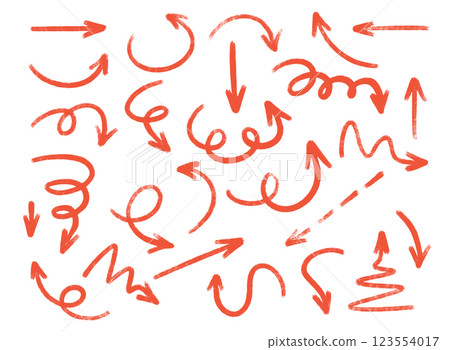 Red crayon arrow collection with diverse directional markers on white background. Hand drawn pointers for infographics, presentations or education design. Brush stroke indicators with grunge texture. Red crayon arrow collection with diverse directional markers on white background. Hand drawn pointers for infographics, presentations or education design. Brush stroke indicators with grunge texture. 123554017