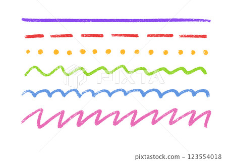 Colorful crayon underline set - purple line, red dashes, yellow dots, green zigzag, blue waves, pink scribbles with textured stroke effect. Hand drawn design elements for decoration or text highlight. Colorful crayon underline set - purple line, red dashes, yellow dots, green zigzag, blue waves, pink scribbles with textured stroke effect. Hand drawn design elements for decoration or text highlight. 123554018
