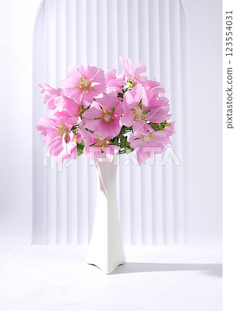 Beautiful mallow flowers in vase on elegant modern background, spring and summer banner for product advertising, abstract floral arrangement, holiday card, selective focus 123554031