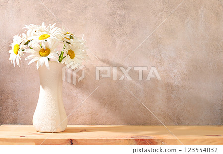 Beautiful daisy flowers in vase on elegant modern background, spring and summer product advertising banner, abstract floral arrangement, holiday greeting card with space for text, selective focus Beautiful daisy flowers in vase on elegant modern background, spring and summer product advertising banner, abstract floral arrangement, holiday greeting card with space for text, selective focus 123554032
