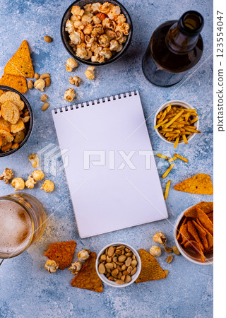Beer and different snacks for Superbowl or football party 123554047