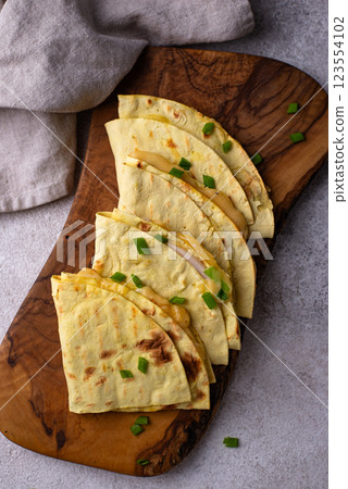 Quesadilla with chicken, tortilla wrap Quesadilla with chicken, tortilla wrap 123554102