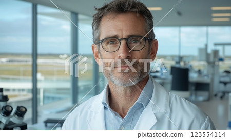 Mature man scientist in modern laboratory wearing lab coat and glasses 123554114