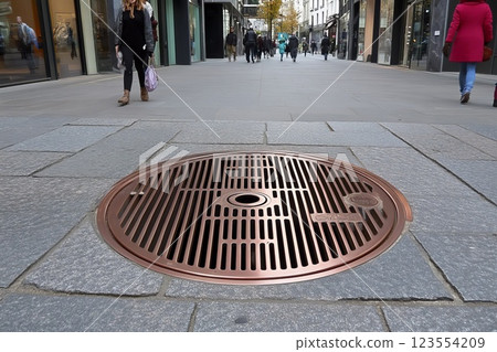 a shiny copper manhole in the middle of the street 123554209