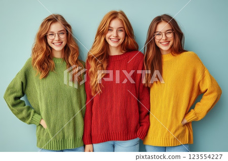 three girls in green, yellow and red sweaters on a light background 123554227