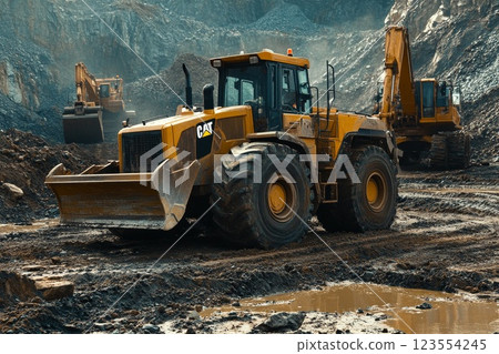 construction machines level the site for the construction of the foundation of a large building 123554245