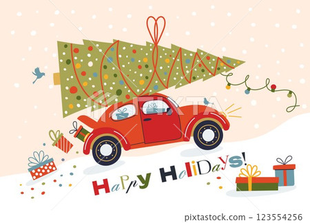A vintage car is carrying a Christmas tree. Holiday postcard. vector illustration. New Year background 123554256