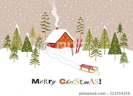Forest landscape with winter house and festive Christmas trees. 123554258