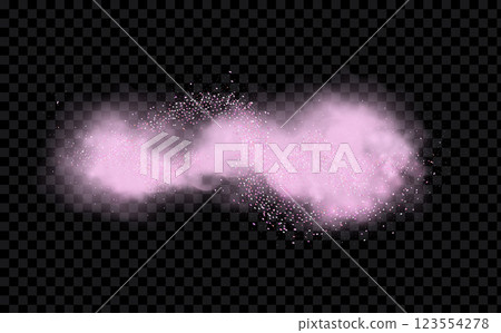 Pink powder dust with glittering shimmering swirls, shiny glitter design. Magical motion, sparkling lines on a black background. 123554278