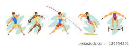 Man Athlete Characters in Action Perform Sport Activity Vector Set 123554291