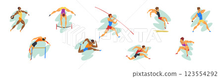 Man Athlete Characters in Action Perform Sport Activity Vector Set 123554292