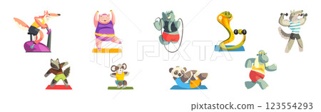 Funny Animals Doing Sport and Physical Exercise Vector Set Funny Animals Doing Sport and Physical Exercise Vector Set 123554293