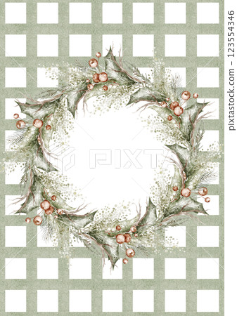 Watercolor Coquette Christmas Card Template with coquette bow. Hand painted printable card with red ribbon for a family photo. Holiday frame for invitations, greeting cards, newborn, kids and nesting. 123554346