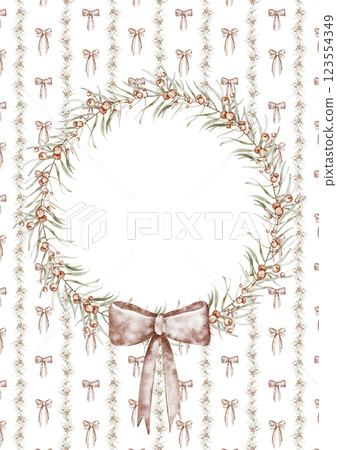 Watercolor Coquette Christmas Card Template with coquette bow. Hand painted printable card with red ribbon for a family photo. Holiday frame for invitations, greeting cards, newborn, kids and nesting. 123554349