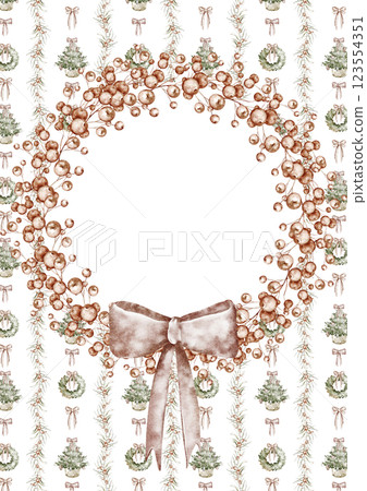 Watercolor Christmas photo card template with spruce wreath. Hand painted printable background with Grandmillennial wallpaper for a family photo. Holiday frame for invitations, greeting cards kids. 123554351