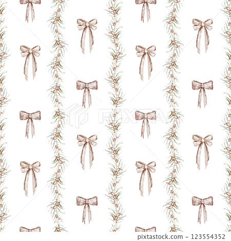 Watercolor Christmas wallpaper with red bow in style Grandmillennial. Hand drawn seamless pattern with vertical striped and pink ribbon. Holiday ornament with retro bows knots celebration wrap paper. 123554352
