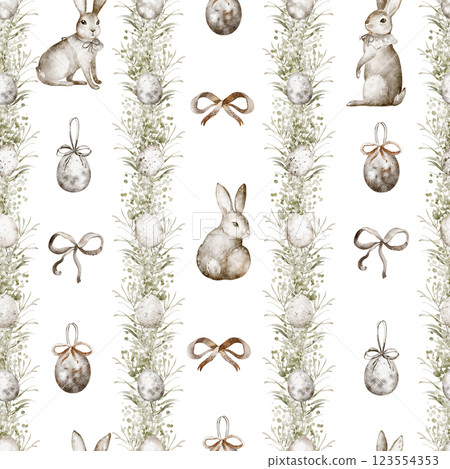 Watercolor easter bunny wallpaper in style Grandmillennial. Hand drawn seamless pattern with vertical striped and bow, rabbit, hare. Holiday ornament with spruce branch, eggs for celebration backdrop. 123554353
