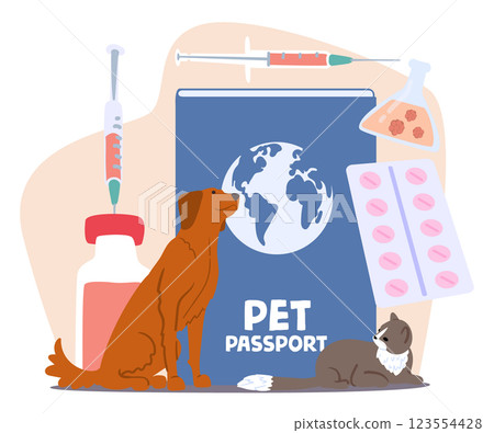 Pet passport, veterinary document for dogs and cats domestic animals cartoon vector illustration 123554428