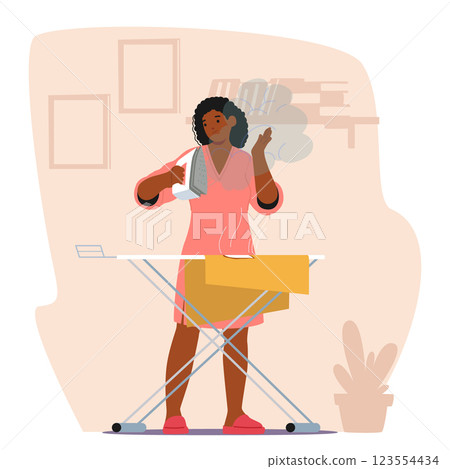 Woman housewife feeling upset due to broken iron discovering excessive steaming vector illustration 123554434