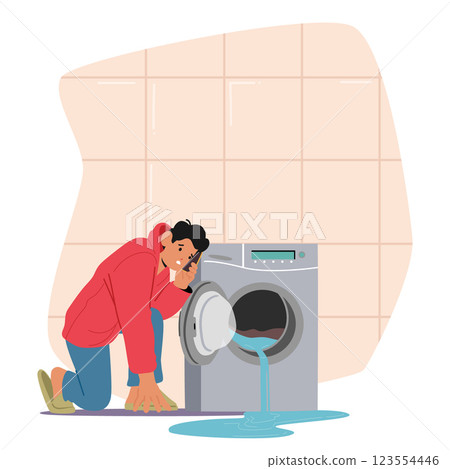 Upset man calling emergency service by smartphone discovering broken washing machine leakage Upset man calling emergency service by smartphone discovering broken washing machine leakage 123554446
