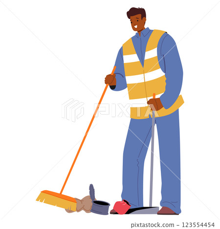 Janitor cartoon character in uniform sweeping streets cleaning city environment from garbage 123554454