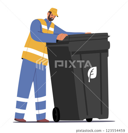 Man collector character pushing container with organic waste engaged in city clean job occupation 123554459