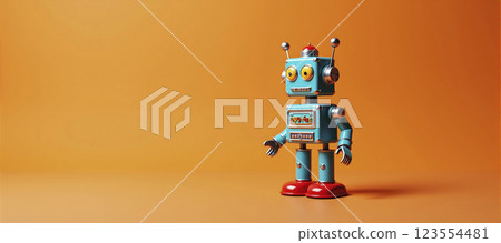 illustrative depiction of a small freestanding colorful toy robot against a colorful background, robots doing the work of humans illustrative depiction of a small freestanding colorful toy robot against a colorful background, robots doing the work of humans 123554481