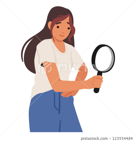 Woman video game developer or software tester looking through magnifier to find bugs and mistakes 123554484