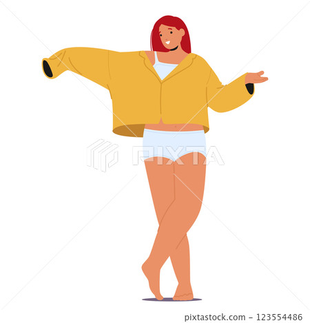 Young woman cartoon character wearing large shirt feeling surprise due to body shape improvement 123554486