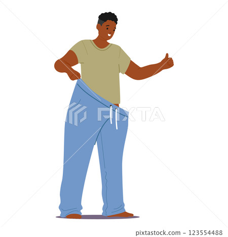 Teenage guy cartoon character wearing large jeans pants gesturing thumbsup showcasing sliming result 123554488