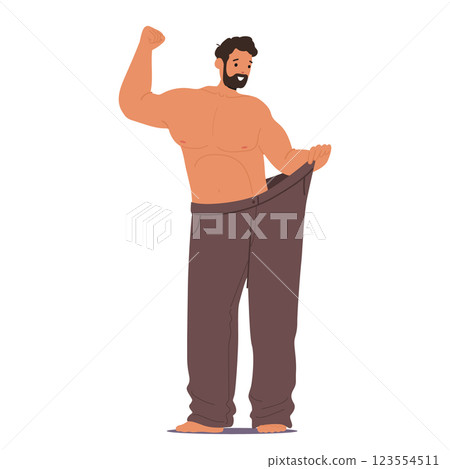 Proud muscular man cartoon character wearing large trousers rejoicing good results in bodybuilding Proud muscular man cartoon character wearing large trousers rejoicing good results in bodybuilding 123554511