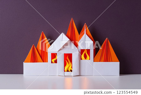 illustrative illustration of a house made of paper that is in flames and fire has broken out illustrative illustration of a house made of paper that is in flames and fire has broken out 123554549